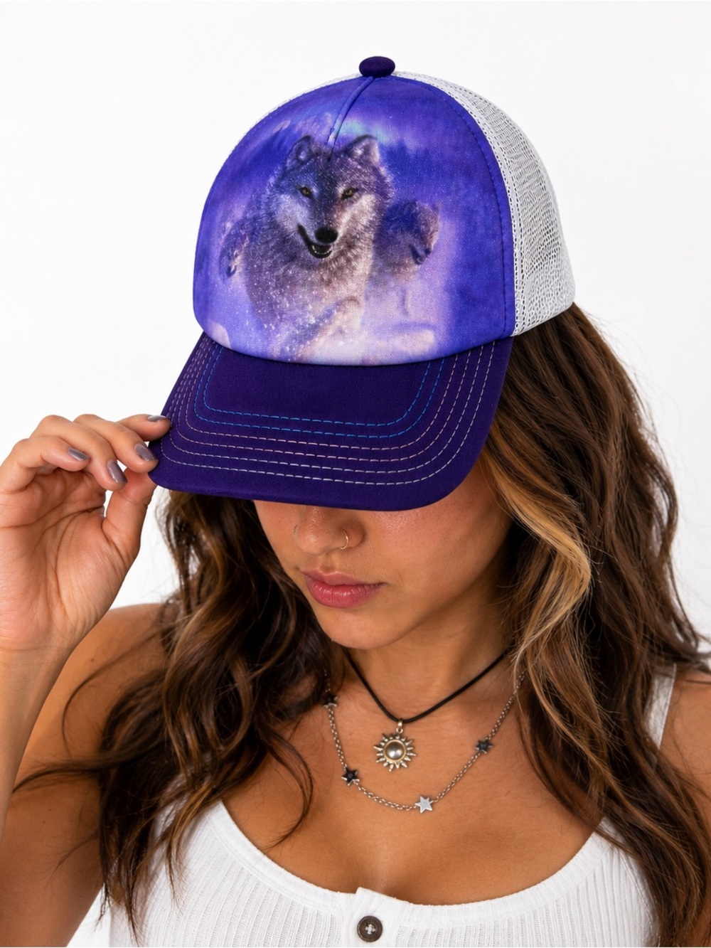 Y2K Wolf Graphic Purple Tucker Mesh Snapback The Mountain - Picture 10 of 10